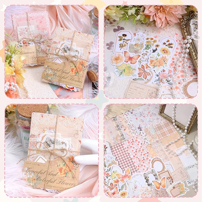 TIESOME 100pcs Vintage Floral Scrapbook Paper and Journaling Stickers Assorted Set, Memo Labels for Junk Journal Planner Collage Card Album Decor(Yellow)