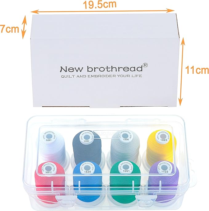 New brothread - 18 Options - Multi-Purpose 100% Mercerized Cotton Thread 50S/3 600M Each Spool for Quilting, Serger, Sewing and Embroidery - 8xClassic(Basic Color) with Clear Plastic Storage Box