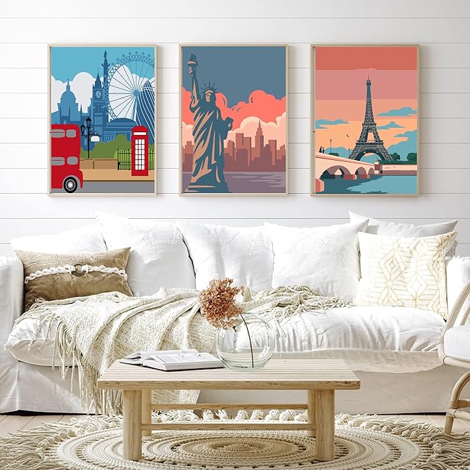 cupmod 6 Packs Paint by Number Kits for Adults Beginners,City Travel Easy Acrylic Kits,Oil Painting Art on Canvas Without Frame Home Wall Decor 7.8x11.8inch (MT11189-MT11194)