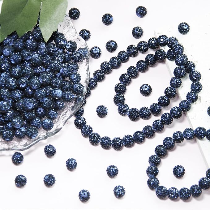 150 Pcs 10mm Rhinestone Beads for Jewelry Making, Black Blue Shiny Round Shamballa Disco Baseball Necklace Beads Sparkle Crystal Clay Pave Rhinestones Bead for DIY Bracelet Earring Making Supplies