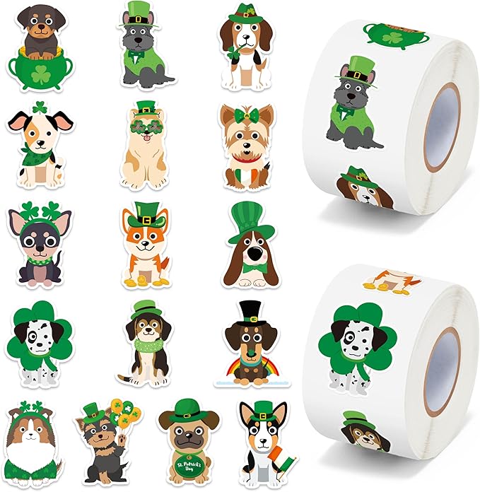 h1vojoxo st. patrick's day sticker rolls - 1000pcs irish shamrock holiday cartoon dog stickers for kid 16 design st. patrick's cute dog sticker for craft st. patrick cartoon dogs stickers for envelope