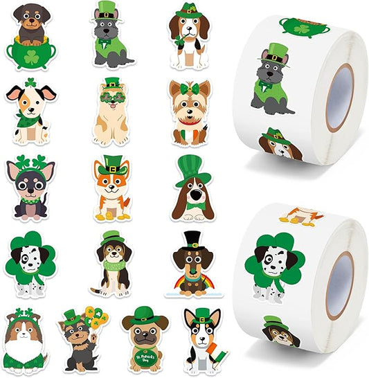 h1vojoxo st. patrick's day sticker rolls - 1000pcs irish shamrock holiday cartoon dog stickers for kid 16 design st. patrick's cute dog sticker for craft st. patrick cartoon dogs stickers for envelope