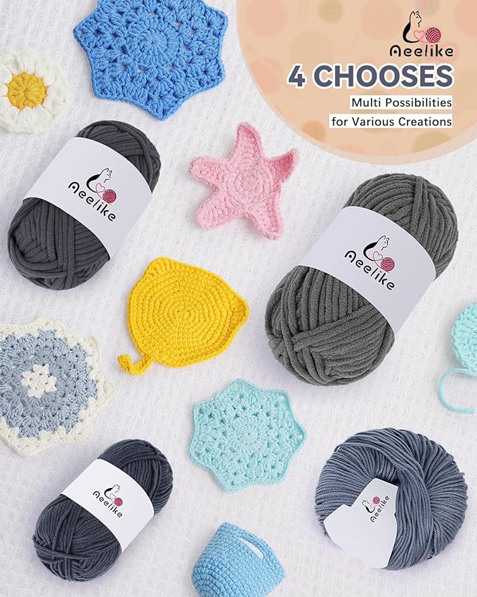 Aeelike Beginner Crochet Yarn Kit w 4 Different Materials Grey Yarns (Polyester, Cotton, Acrylic, Milk Cotton,) & 2 Ergonomic Hooks (G&7), Ideal Starter Crochet Set for Beginners