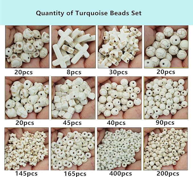 PAMIR TONG Turquoise Beads Sets for Bracelet 1183pcs Cross-Skull Head-Heishi Space Howlite Turquoise Rocks Stone Assortment Beads for DIY Crafts-Necklace-Charms- Jewerly Making (White Set)