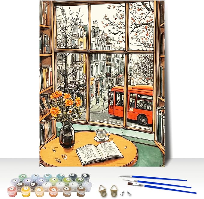 MAXBYE Paint by Numbers Kit for Adults Beginner, Urban Street View Adult Paint by Number Kits on Canvas Without Frame, Bookstore Oil Paint by Numbers for Home Wall Decor Gift 12x16inch