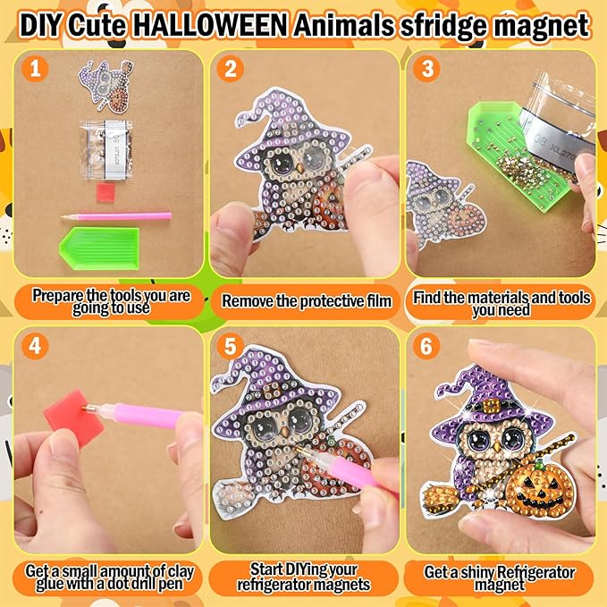 Xuhal 30 Pcs Halloween Diamond Painting Magnets Halloween Animal Diamond Art Magnet Kits for Adults Cute 5D Rhinestone Witch Hat Pumpkin Animal Refrigerator Magnetic Sticker for DIY Craft Fridge Gifts