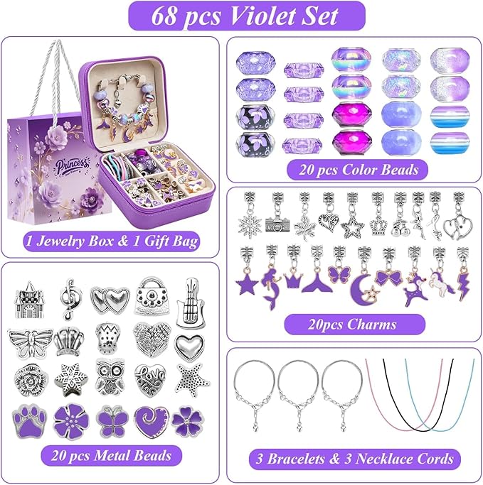 ONADEBY Charm Bracelet Making Kit - Purple DIY Jewelry Making Kit for Girl, Friendship Bracelet Kit with Portable Jewelry Box Bag Packing for Birthday Christmas New Years Easter Valentine Craft Gifts