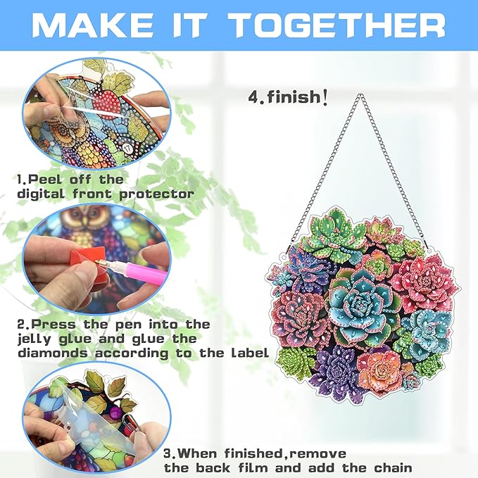 VAIIEYO Succulent Diamond Art Hanging Ornament, Plant Diamond Painting Suncatchers Window Hanging Kit with Chain, 7.5x7.5 inch Crystal Pendant Art Craft for Gift Home Wall Front Door Decoration