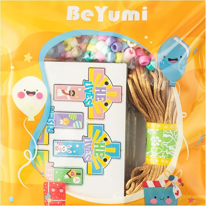 BeYumi Easter Necklace Craft Kit - 24Pcs DIY Easter JESUS IS RISEN Wooden Cross Pendant Beads Necklace Making with Bunny Greeting Card Christian Religious Gift Kids Church School Classroom Party Favor