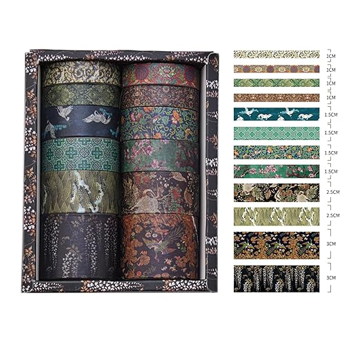 12 Rolls Chinoiserie Washi Tape Set Chinese Arts Adhesive Tapes Geometric Garden Decorative Masking Tape Sets for Craft, Kids, Scrapbook, DIY, Gift Wrapping (Almond Blossom Ridge)