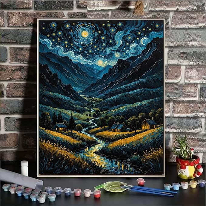 ldazao Paint by Numbers Kit for Adults Beginner, Starry Country Night Adult Paint by Number Kits On Canvas Adults' Paint-by-Number Kits DIY Oil Painting Kits for Gift Home Wall Art Decor 16x20 Inch