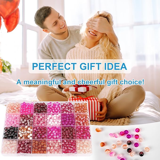 XSEINO About 1200pcs 6mm Crack Glass Beads Bracelet Making Kit,24 Assorted Colors Crack Blush Pink Series Crystal Glass Bead for Bracelet Jewelry Making,DIY Crafts,Friendship Bracelets