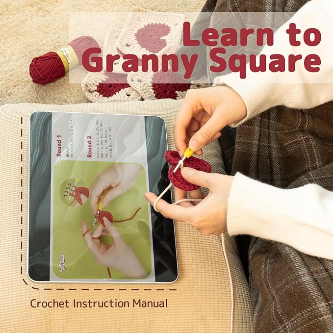 Yeezhee Crochet Kit for Beginners, Granny Square Starter Kit with Step-by-Step Video Tutorials, Knitting Kit for Adults & Teens Including Yarn, Crochet Hook, Heart