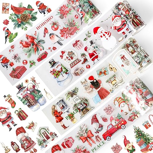 JarThenaAMCS 4 Rolls Christmas PET Washi Tape Xmas Red Transparent Adhesive Masking Tape for Cut & Use as Winter Stickers Scrapbook Journal DIY Craft Gift Wrapping
