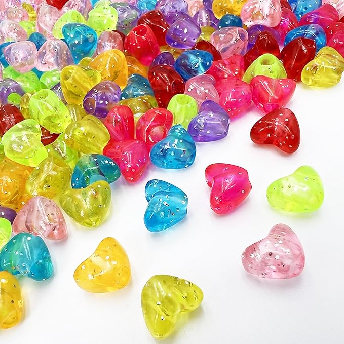 MIIIM 500 Pcs Glitter Heart Pony Beads Shapes for Friendship Bracelet, Large Hole Kandi Beads for Hair Braids, Jewelry Making (Multi-Glitter)