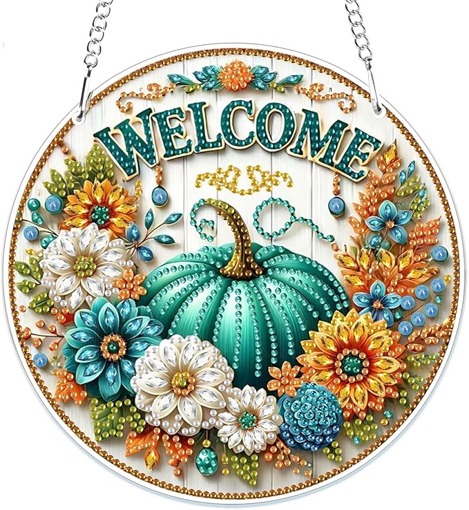 MOGTAA Fall Pumpkin Diamond Art Hanging Pendant Kits, Flowers Landscape Diamond Art Kits for Adults, 5D Special Shape Diamond Painting Gem Art for Home Garden Wall Decor