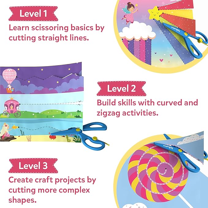 skillmatics scissor skills activity book - snip snip unicorns & princesses, 25 fun cutting & creative activities, 2 child-safe scissors, felt craft kit, valentine’s day gift for ages 3, 4, 5, 6, 7