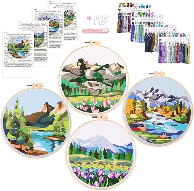 harimau 4p beginner embroidery kit,floral plant pattern,cross stitch kits, including stamped embroidery cloth with 2 embroidery hoops, color threads and embroidery kits