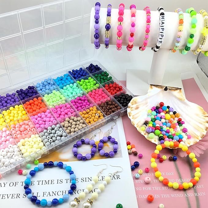 1820Pcs 6mm Acrylic Round Beads for Jewelry Making, 28 Colors Rainbow Round Beads for Bracelets Making Kit Candy Color Plastic Bubble Gum Beads Pastel Loose Beads Bulk for DIY Necklace Crafts, Medium