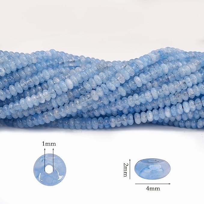 2 Strands (300PCs) Aquamarine Rondelle Beads, 2 * 4mm Gemstone Loose Spacer Abacus Disk Beads for DIY Bracelet Necklace Earrings Jewelry Making, Craft Supplies Beading Kit