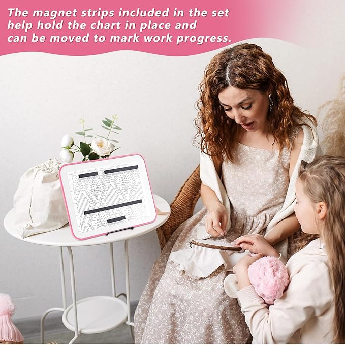 flutesan 8 x 12 inches knitting pattern holder with 4 replacement magnets knitting chart keeper cross stitch magnetic board cross stitch accessories and supplies for crochet(pink border)
