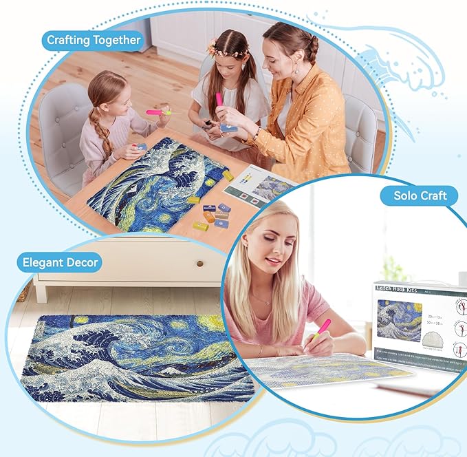 EsLuker.ly Latch Hook Rug Kit DIY Crochet Carpet for Beginners, Sea Wave Patterns Pre-Printed Canvas Yarn Rug Hooking Kits, Creative Craft Home Decor Ideal for Learning Rug Making