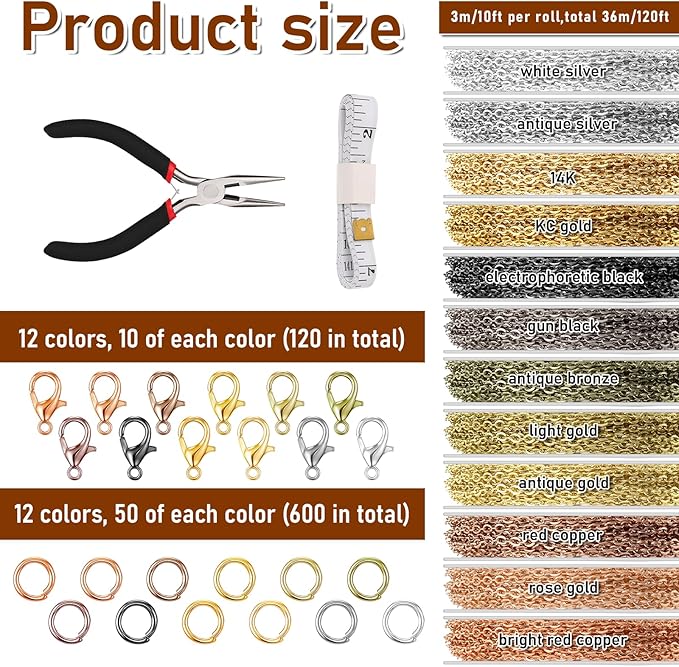12 Rolls 120 Feet Necklace Chain for Jewelry Making 2 mm Bulk 12 Colors Necklaces-Chains for Necklace Bracelet Supplies Findings with Pliers,Measuring Tape, 120 Lobster Clasps and 360 Jump Rings