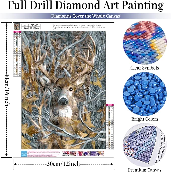 Fountor Deer Diamond Art Kits for Adults, Deer Diamond Painting Kits for Adults Beginners, DIY 5D Forest Diamond Painting with Round Gem Art Kits for Gift Home Wall Decor 12x16 Inch