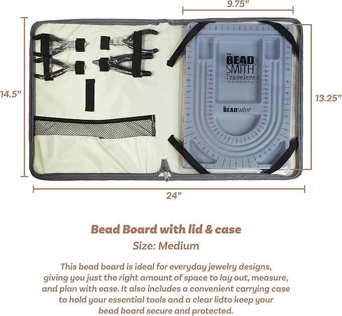 The Beadsmith Bead Folio Kit – Basic Elements – 28” U Channel Bead Board with Lid, Zippered Storage Case & 4-Piece Plier Set– Keep Your Designs, Beads & Tools Secure – Jewelry Making Supplies