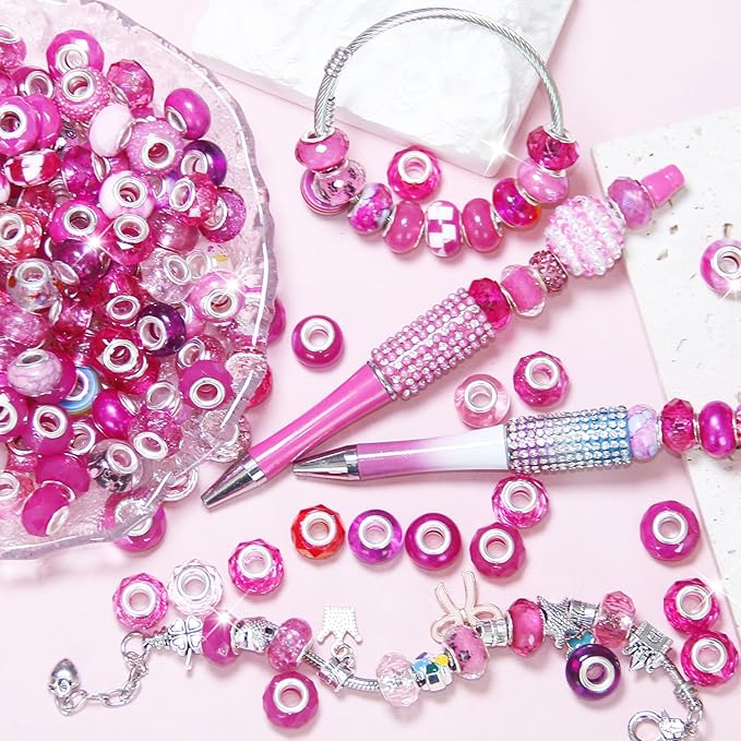 60Pcs Large Hole Beads Spacer Beads Rose Red Assorted European Craft Big Beads Large Hole Lampwork Murano Bead Fairy Wand Garden Bead for DIY Bracelet Necklace Jewelry Making Decoration Supplies