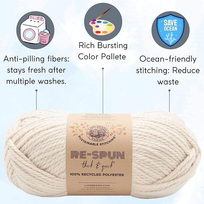 Lion Brand Re Spun Thick & Quick Whipped Cream 843-098 (6-Skeins - Same Dye Lot) Weight S Bulky #6 Polyester Yarn for Crocheting and Knitting with Project Bag