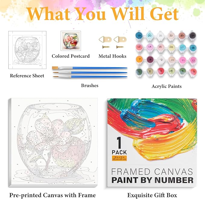 Okarina Framed Paint by Numbers Kit for Adults Beginner Flower, Adult Paint by Number Kits on Canvas Framed, DIY Acrylic Oil Painting by Numbers with Frame, Apple for Home Decor Gift 10 X 10 Inch