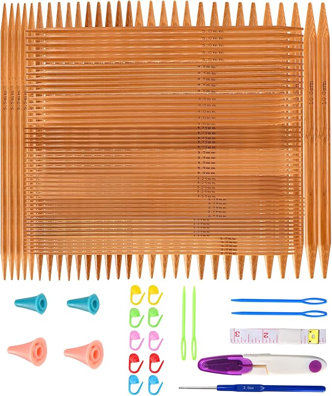 Double Pointed Knitting Needles Set,75 Pcs Wooden Bamboo Knitting Needles Kit,15 Sizes from 2.0mm-10.0mm,with Small Tools,Straight Wood Needles for Beginners,Making Sweater,Scarf,Sock,Weave