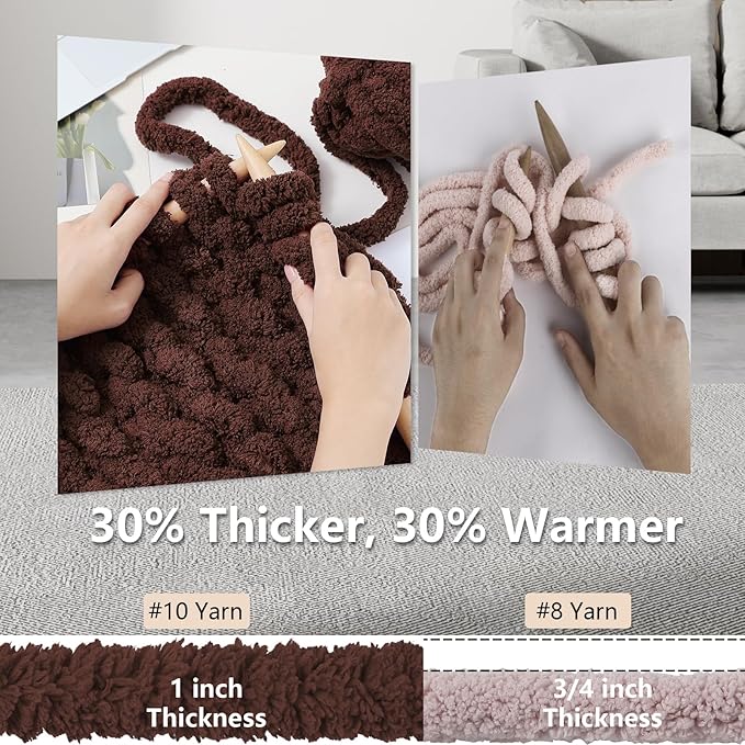 Chunky Yarn for Hand Knitting - #10 Chunky Chenille Yarn, Jumbo Big Thick Chunky Yarns for Crocheting, Super Bulky Chunky Knit Blanket Yarns, 8 Skein (25 yds 8 oz Each Skein), Dark Coffee