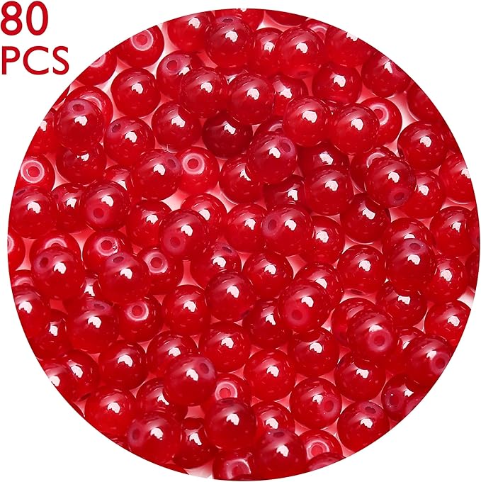 80PCs 10mm Red Jade Glass Beads Bulk, Round Smooth Hole Glass Crystal Beads for Jewelry Making, DIY Bracelets, Necklaces, Bag Charms, Keychains and Craft Projects