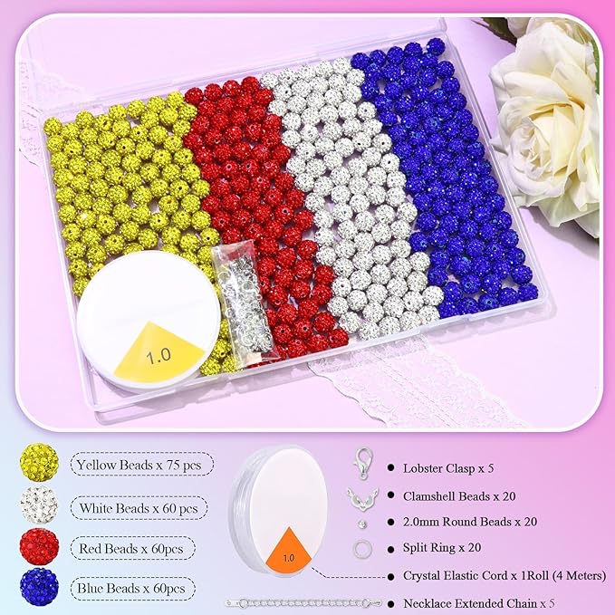 Dowarm 255PCS 10mm Rhinestone Beads for Baseball Necklace Bracelet Jewelry Making, Round Rhinestone Clay Beads for Craft Beaded Pen, Shamballa Pave Diamond, Yellow|Red|Blue|White