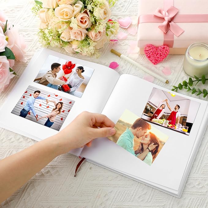 Colarr Hardcover Couples Scrapbook 144 Pages 8.7 x 8.7" Couples Photo Album Scrapbook Relationship Journal for Memory Book Gift for Wedding with 2 Markers(White,One Year)