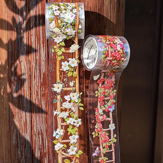 PET Washi Tape Stickers for Junk Journal Supplies,6 Rolls of Nature Floral Staircase Themed Journal Stickers for Scrapbooking,Journaling Supplies,Planer (Sunny)