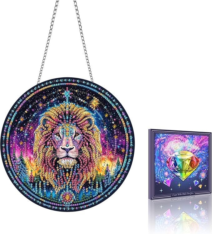 VAIIEYO Lion Diamond Art Hanging Ornament, Animal Diamond Painting Suncatchers Window Hanging Kit with Chain, 7.5x7.5 inch Crystal Pendant Art Craft for Gift Home Wall Front Door Decoration