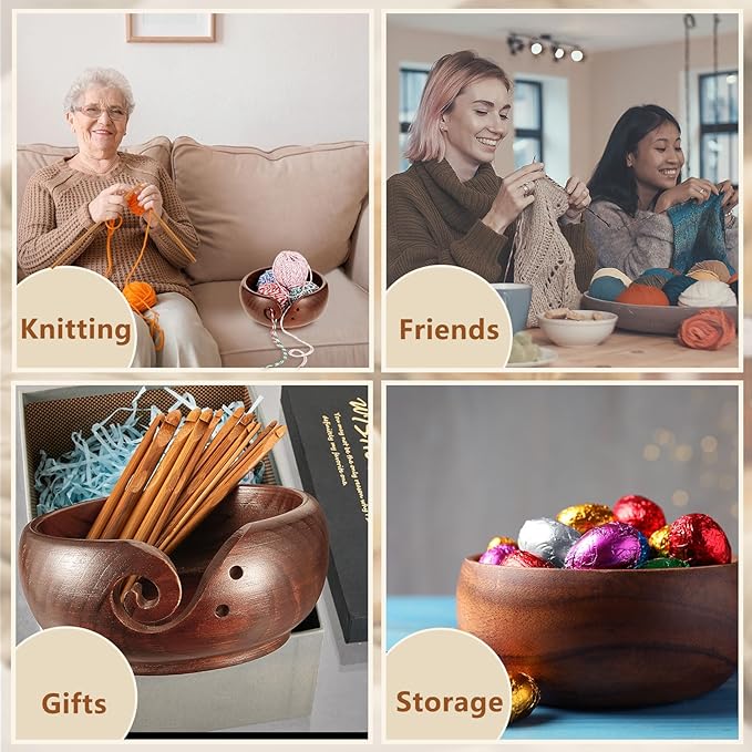 Patelai 7 x 7 x 3 Inch Wooden Yarn Bowls for Crocheting Round Knitting Wool Storage Yarn Bowl Handmade with Holes 12 Pieces Crochet Hooks for Knitting DIY Crafts Tools(Dark Brown)