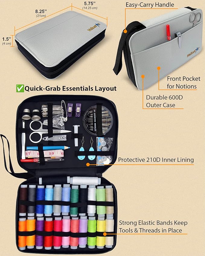 Easy to Use Light Grey Sewing Kit - Christmas Gifts for Girls, Teens, Moms & Kids - Beginner Hand Sew Kit for Clothing Repairs. Includes 30 Needles, Thread, and All Essential Supplies for Small Fixes