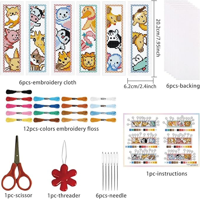 ORIGACH 6 Set Animals Cross Stitch Bookmark Kit for Beginner with Backing Felt Floss Instructions DIY Stamped Embroidery Bookmark Kit for Adults, Book Lovers