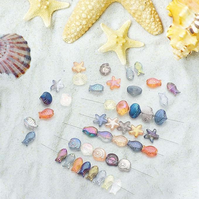 650pcs Starfish, Shell, Snails, Fish Glass Beads for Jewelry Making - Ocean Themed Colorful Star Beads for Bracelet, Loose Spacer for DIY Craft Earrings Necklaces