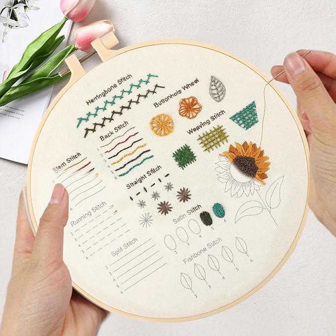 hi-yomilaugh 3 pack beginner embroidery kit & cross stitch kits for adults, needles & tools, easy needlepoint set with step-by-step instructions & video tutorial (floral garden)