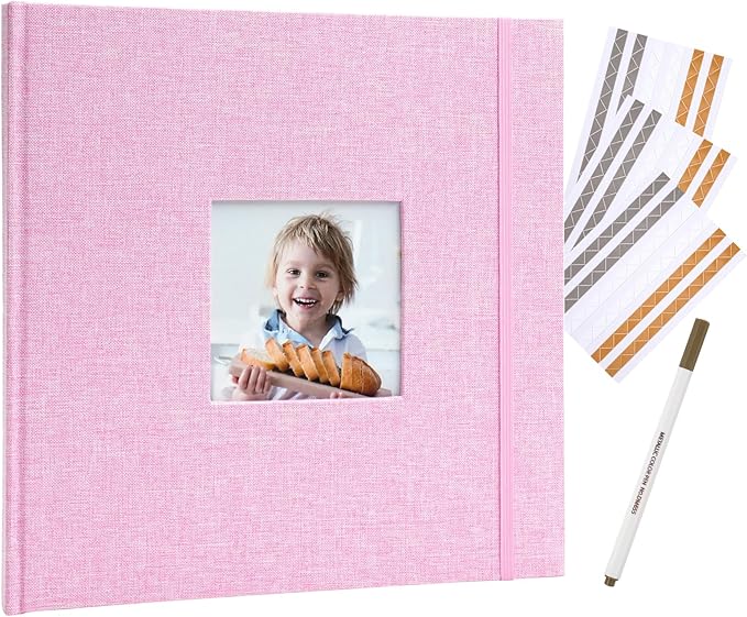 Scrapbook Album, 10"x10" DIY Photo Album with Square Window Linen Cover Kraft Paper 32 Sheets, Stylish Memory Book for Wedding, Anniversary, Family, Travel, Pink