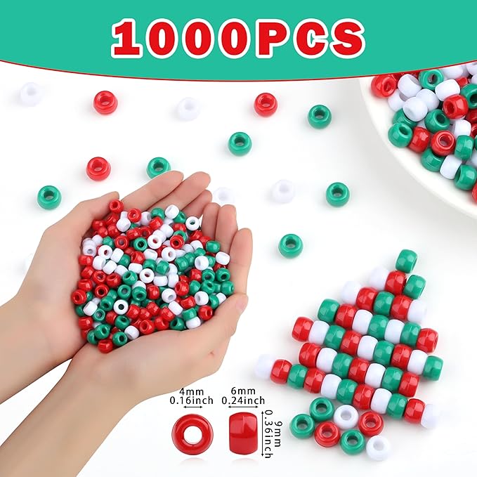 1000 Pcs Christmas Pony Beads Plastic Bead for Bracelets Christmas Beads for Jewelry Making Red Green White Pony Bead for Crafts Suitable for Ages 14 and Above