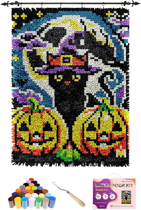 veirousa Halloween Latch Hook Rug Kits for Adults Beginners, Black Cat Pumpkin Pre-Printed Hook and Latch Carpet Making Kits for Wall Hanging & Home Decor 15x20 Inch
