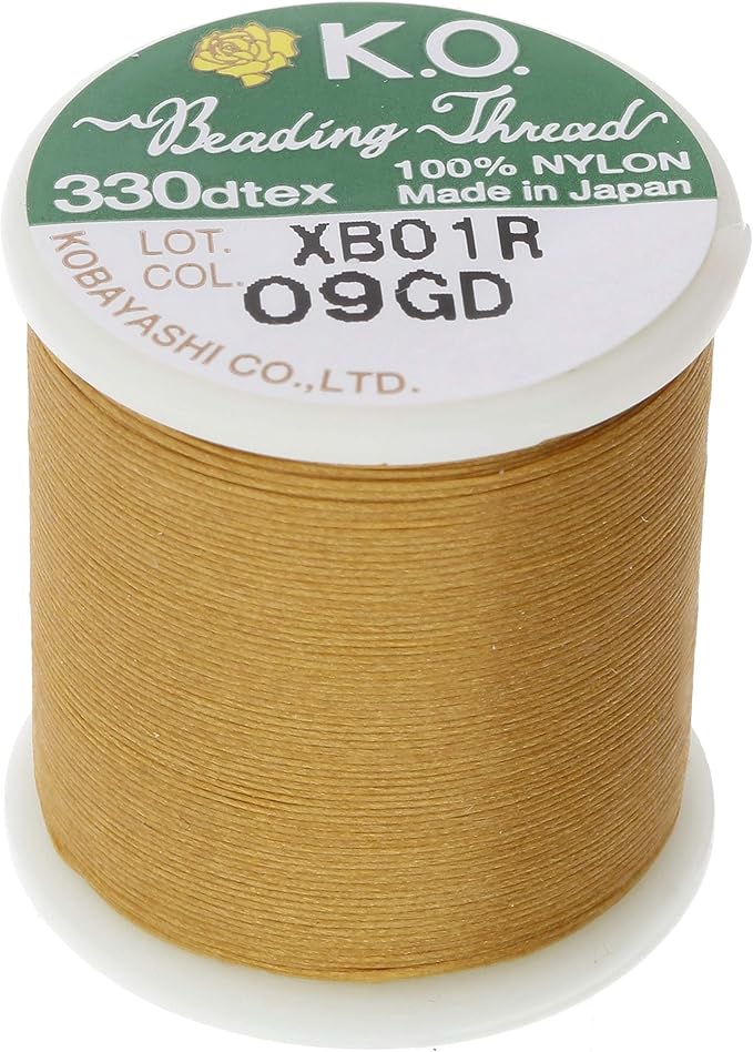 KO Nylon Beading Thread, Gold Color, Japanese Pre-Waxed 100% Nylon, 330TEX, Tangle Resistant Knotting Cords, 50m /55 yds Spool, Use for Seed Bead Projects, Loom Work & Bead Weaving