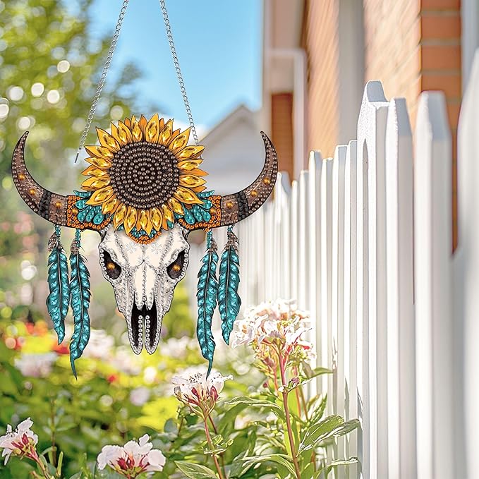Wergund 5D DIY Sunflower Diamond Art Hanging Kits, Hanging Diamond Art Skull, Acrylic Special Shaped Rhinestone, Window Hanging Pendants for Home Wall Garden Front Door Outdoor Decor Gift(Sunflower)