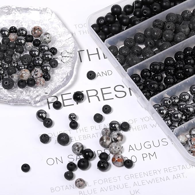 Songxi 300PCS Black Stone Beads Bracelet Making Kit, 8mm Round Loose Crystal Gemstone & Glass Beads for DIY Jewelry Making